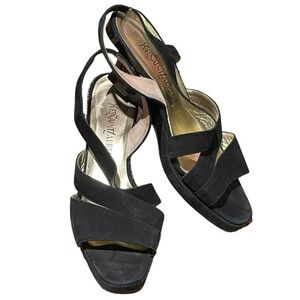Vintage Yves Saint Laurent lacquer/ suede sculptural wedge cross-strap sandal 8